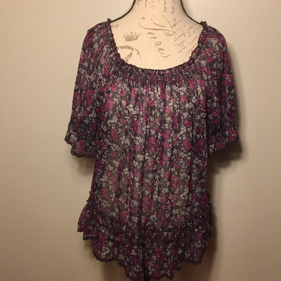 NWOT Forever 21 sheer flower print peasant blouse - Picture 2 of 8